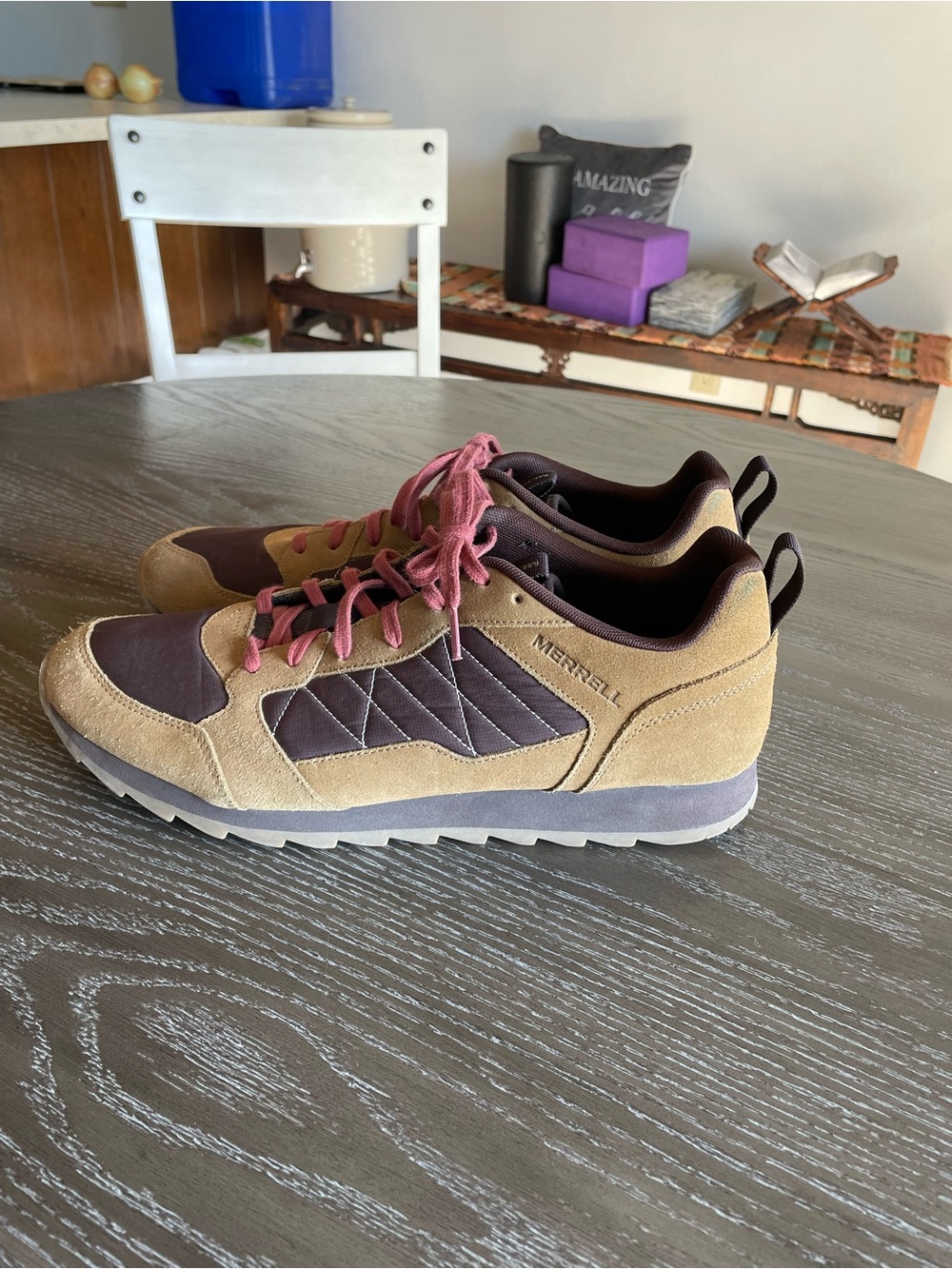 Merrell Men’s Brown Suede Sneakers with Purple Panels and Pink Laces